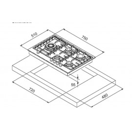 TABLE DE CUISSON À GAZ STEEL SÉRIE GENESI GP7B-5 ACIER INOX 75 CM