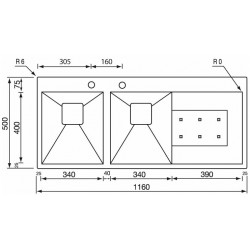 CM CLARK 116x50 ÉVIER 2 CUVES ACIER INOXYDABLE BROSSÉ