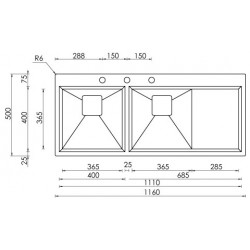 LAVELLO CM GLAMOUR MIX 116X50 2V 2 VASCHE ACCIAIO INOX SATINATO